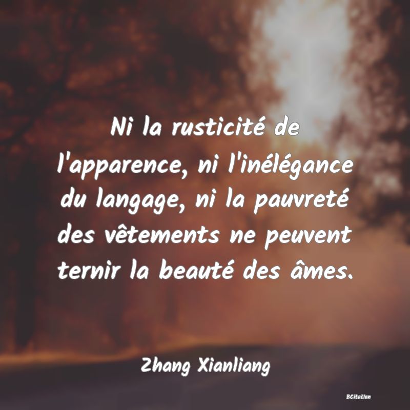 image de citation: Ni la rusticité de l'apparence, ni l'inélégance du langage, ni la pauvreté des vêtements ne peuvent ternir la beauté des âmes.