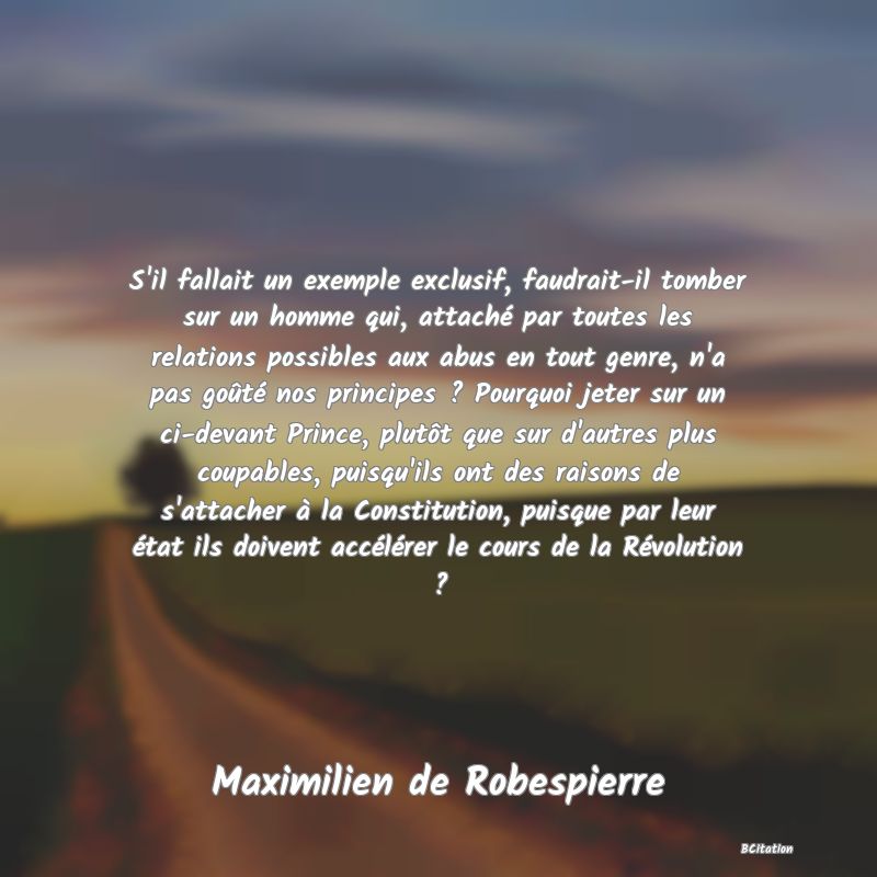 image de citation: S'il fallait un exemple exclusif, faudrait-il tomber sur un homme qui, attaché par toutes les relations possibles aux abus en tout genre, n'a pas goûté nos principes ? Pourquoi jeter sur un ci-devant Prince, plutôt que sur d'autres plus coupables, puisqu'ils ont des raisons de s'attacher à la Constitution, puisque par leur état ils doivent accélérer le cours de la Révolution ?