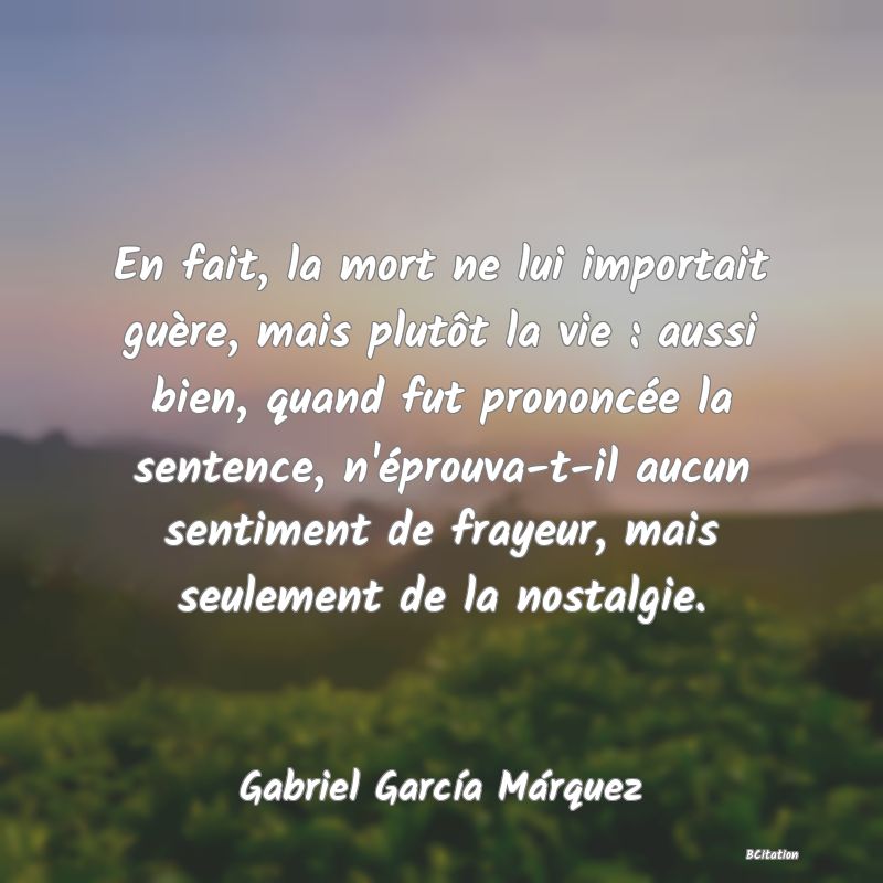 image de citation: En fait, la mort ne lui importait guère, mais plutôt la vie : aussi bien, quand fut prononcée la sentence, n'éprouva-t-il aucun sentiment de frayeur, mais seulement de la nostalgie.