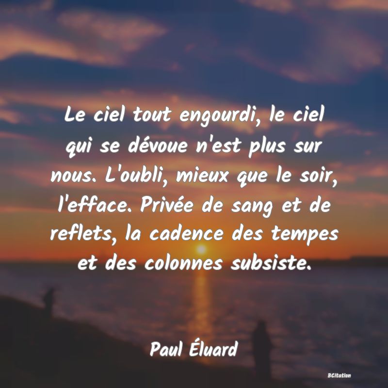 image de citation: Le ciel tout engourdi, le ciel qui se dévoue n'est plus sur nous. L'oubli, mieux que le soir, l'efface. Privée de sang et de reflets, la cadence des tempes et des colonnes subsiste.