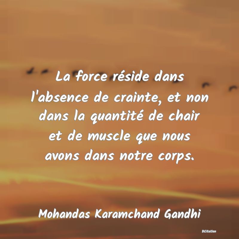 image de citation: La force réside dans l'absence de crainte, et non dans la quantité de chair et de muscle que nous avons dans notre corps.