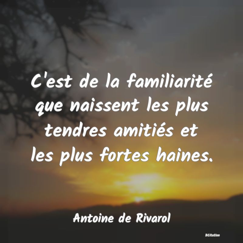 image de citation: C'est de la familiarité que naissent les plus tendres amitiés et les plus fortes haines.