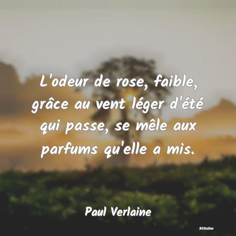 Belle Citation - L'odeur de rose, faible, grâce au vent léger d'été qui passe, se mêle aux parfums qu'elle a mis. - Paul Verlaine