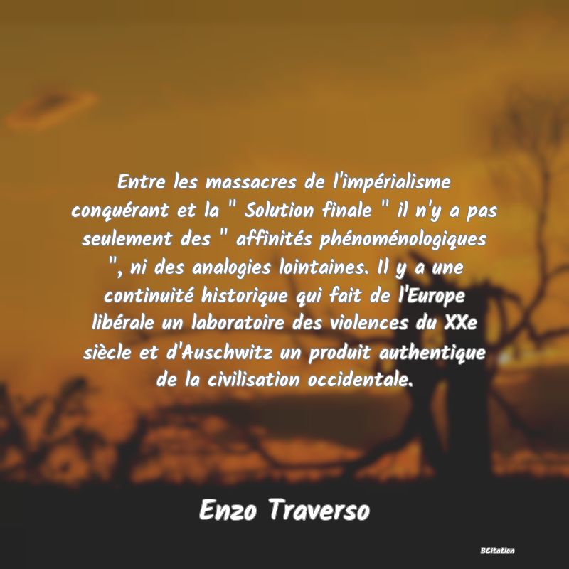 image de citation: Entre les massacres de l'impérialisme conquérant et la   Solution finale   il n'y a pas seulement des   affinités phénoménologiques  , ni des analogies lointaines. Il y a une continuité historique qui fait de l'Europe libérale un laboratoire des violences du XXe siècle et d'Auschwitz un produit authentique de la civilisation occidentale.