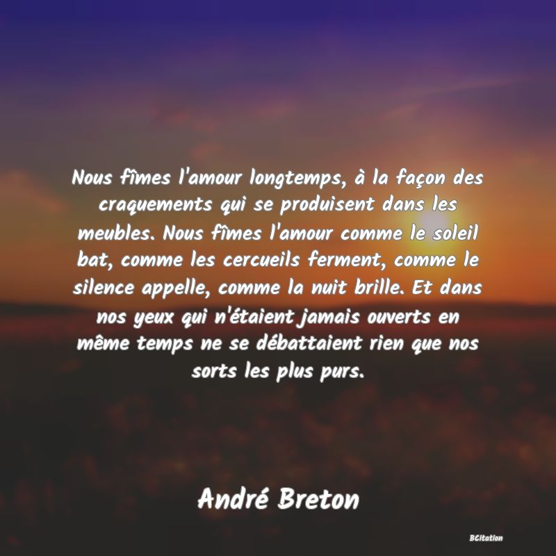 image de citation: Nous fîmes l'amour longtemps, à la façon des craquements qui se produisent dans les meubles. Nous fîmes l'amour comme le soleil bat, comme les cercueils ferment, comme le silence appelle, comme la nuit brille. Et dans nos yeux qui n'étaient jamais ouverts en même temps ne se débattaient rien que nos sorts les plus purs.