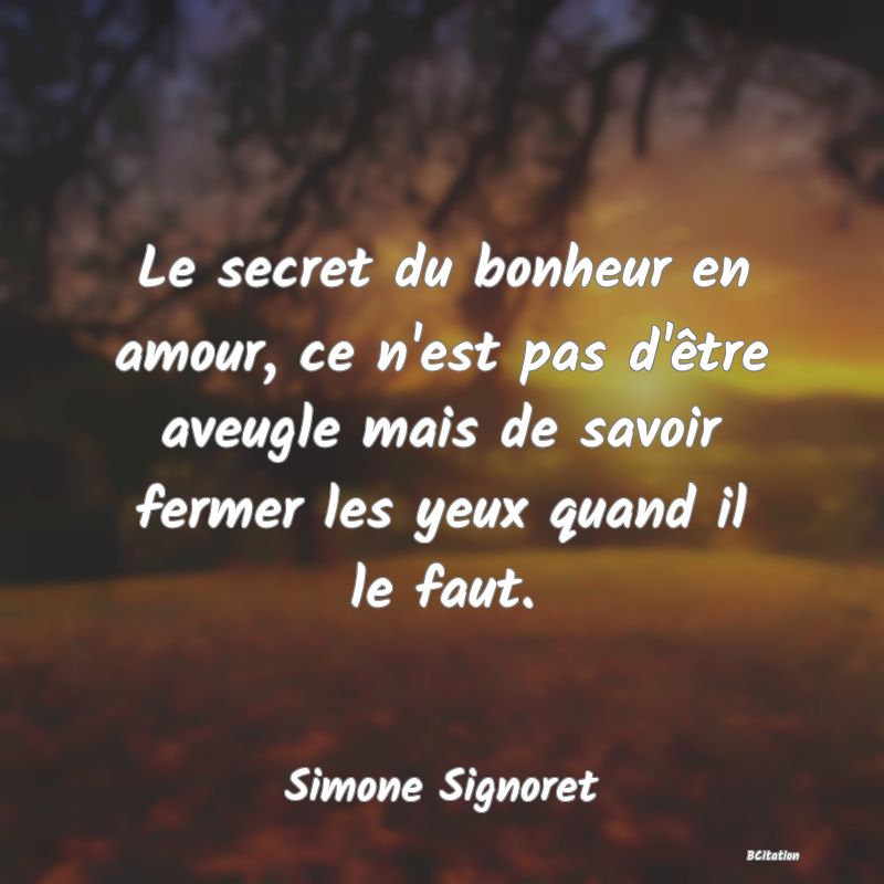 image de citation: Le secret du bonheur en amour, ce n'est pas d'être aveugle mais de savoir fermer les yeux quand il le faut.