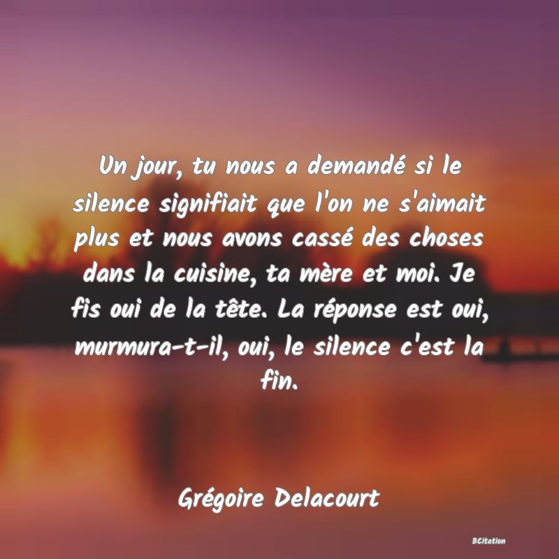 image de citation: Un jour, tu nous a demandé si le silence signifiait que l'on ne s'aimait plus et nous avons cassé des choses dans la cuisine, ta mère et moi. Je fis oui de la tête. La réponse est oui, murmura-t-il, oui, le silence c'est la fin.