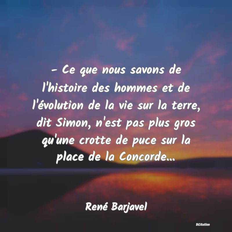 image de citation: - Ce que nous savons de l'histoire des hommes et de l'évolution de la vie sur la terre, dit Simon, n'est pas plus gros qu'une crotte de puce sur la place de la Concorde...