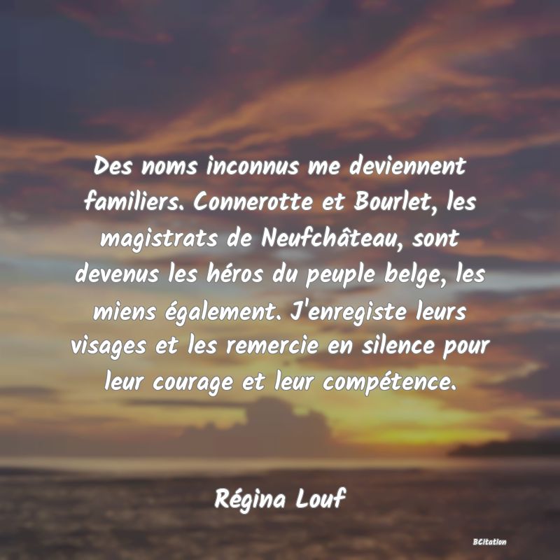 image de citation: Des noms inconnus me deviennent familiers. Connerotte et Bourlet, les magistrats de Neufchâteau, sont devenus les héros du peuple belge, les miens également. J'enregiste leurs visages et les remercie en silence pour leur courage et leur compétence.