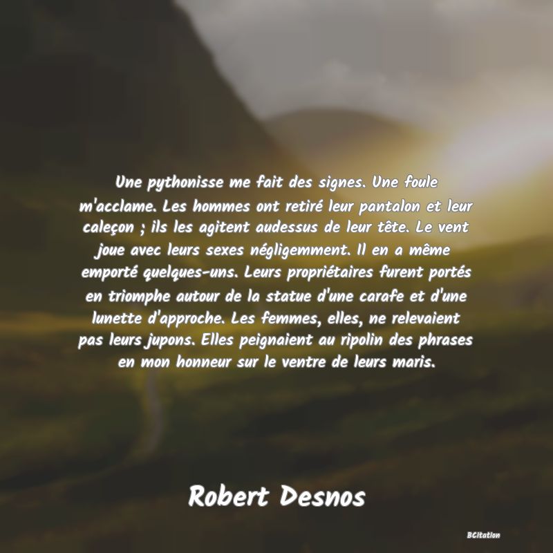 Belle Citation - Une pythonisse me fait des signes. Une foule m'acclame. Les hommes ont retiré leur pantalon et leur caleçon ; ils les agitent audessus de leur tête. Le vent joue avec leurs sexes négligemment. Il en a même emporté quelques-uns. Leurs propriétaires furent portés en triomphe autour de la statue d'une carafe et d'une lunette d'approche. Les femmes, elles, ne relevaient pas leurs jupons. Elles peignaient au ripolin des phrases en mon honneur sur le ventre de leurs maris. - Robert Desnos