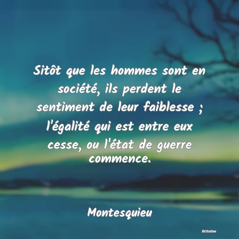 Belle Citation - Sitôt que les hommes sont en société, ils perdent le sentiment de leur faiblesse ; l'égalité qui est entre eux cesse, ou l'état de guerre commence. - Montesquieu