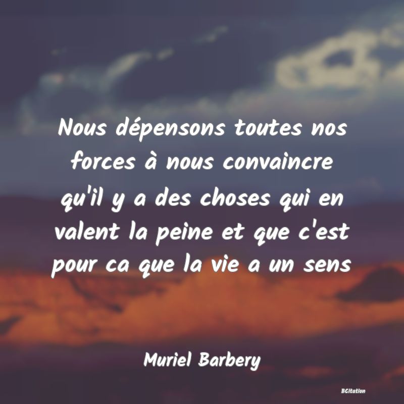 Belle Citation - Nous dépensons toutes nos forces à nous convaincre qu'il y a des choses qui en valent la peine et que c'est pour ca que la vie a un sens - Muriel Barbery