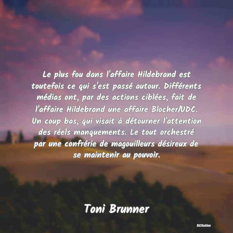 image de citation: Le plus fou dans l'affaire Hildebrand est toutefois ce qui s'est passé autour. Différents médias ont, par des actions ciblées, fait de l'affaire Hildebrand une affaire Blocher/UDC. Un coup bas, qui visait à détourner l'attention des réels manquements. Le tout orchestré par une confrérie de magouilleurs désireux de se maintenir au pouvoir.