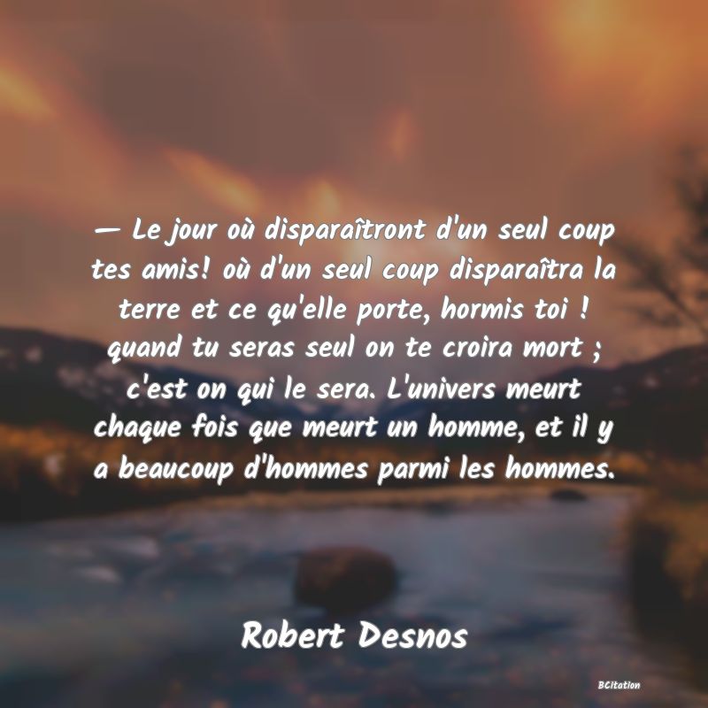 image de citation: — Le jour où disparaîtront d'un seul coup tes amis! où d'un seul coup disparaîtra la terre et ce qu'elle porte, hormis toi ! quand tu seras seul on te croira mort ; c'est on qui le sera. L'univers meurt chaque fois que meurt un homme, et il y a beaucoup d'hommes parmi les hommes.