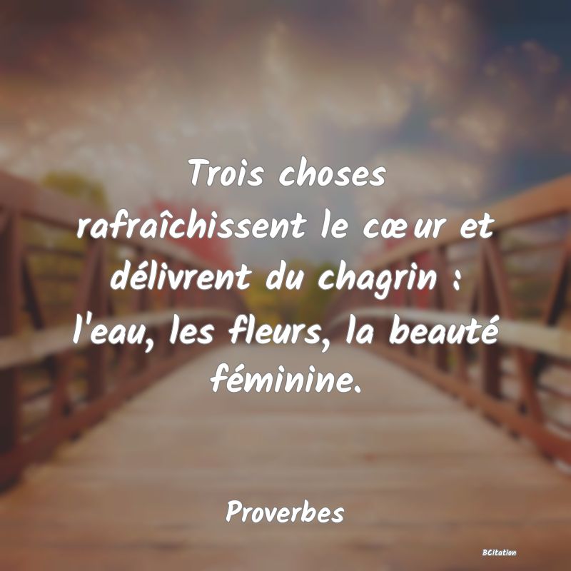 image de citation: Trois choses rafraîchissent le cœur et délivrent du chagrin : l'eau, les fleurs, la beauté féminine.