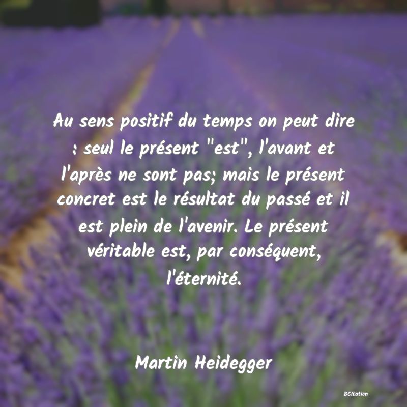 image de citation: Au sens positif du temps on peut dire : seul le présent  est , l'avant et l'après ne sont pas; mais le présent concret est le résultat du passé et il est plein de l'avenir. Le présent véritable est, par conséquent, l'éternité.