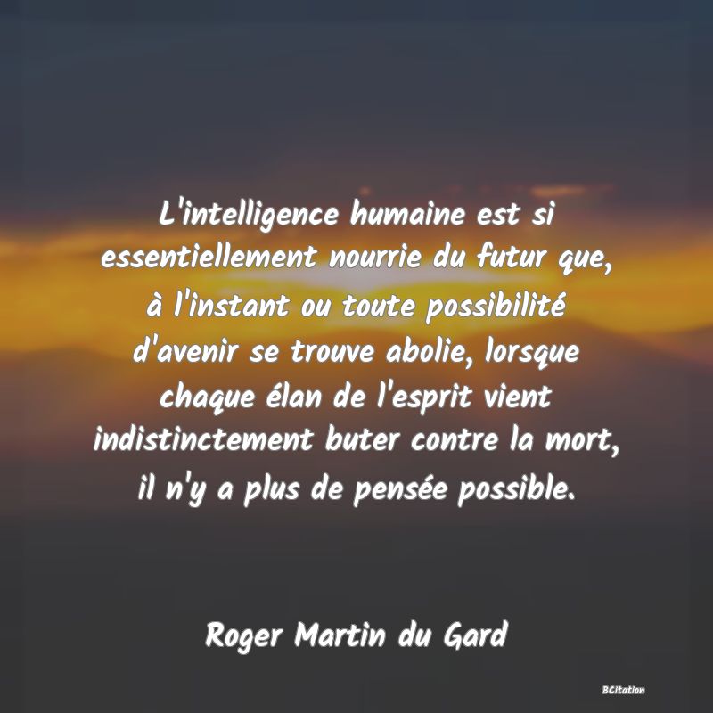 image de citation: L'intelligence humaine est si essentiellement nourrie du futur que, à l'instant ou toute possibilité d'avenir se trouve abolie, lorsque chaque élan de l'esprit vient indistinctement buter contre la mort, il n'y a plus de pensée possible.