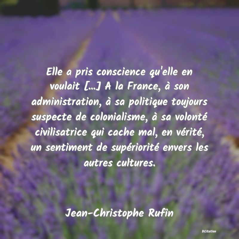 Belle Citation - Elle a pris conscience qu'elle en voulait [...] A la France, à son administration, à sa politique toujours suspecte de colonialisme, à sa volonté civilisatrice qui cache mal, en vérité, un sentiment de supériorité envers les autres cultures. - Jean-Christophe Rufin