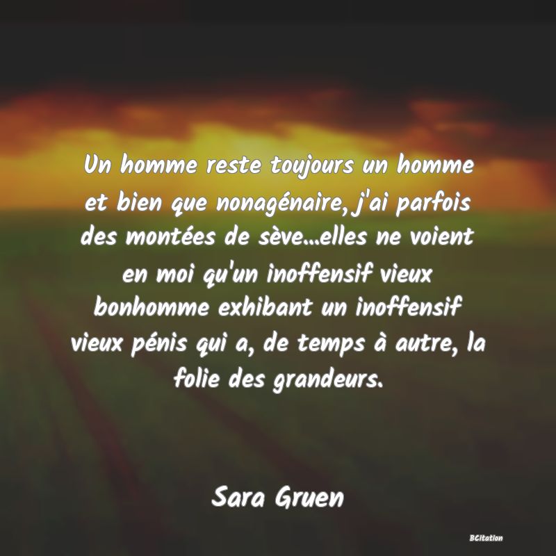 image de citation: Un homme reste toujours un homme et bien que nonagénaire, j'ai parfois des montées de sève...elles ne voient en moi qu'un inoffensif vieux bonhomme exhibant un inoffensif vieux pénis qui a, de temps à autre, la folie des grandeurs.