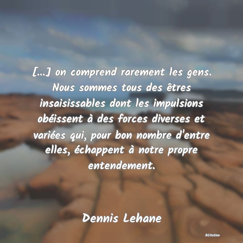 image de citation: [...] on comprend rarement les gens. Nous sommes tous des êtres insaisissables dont les impulsions obéissent à des forces diverses et variées qui, pour bon nombre d'entre elles, échappent à notre propre entendement.