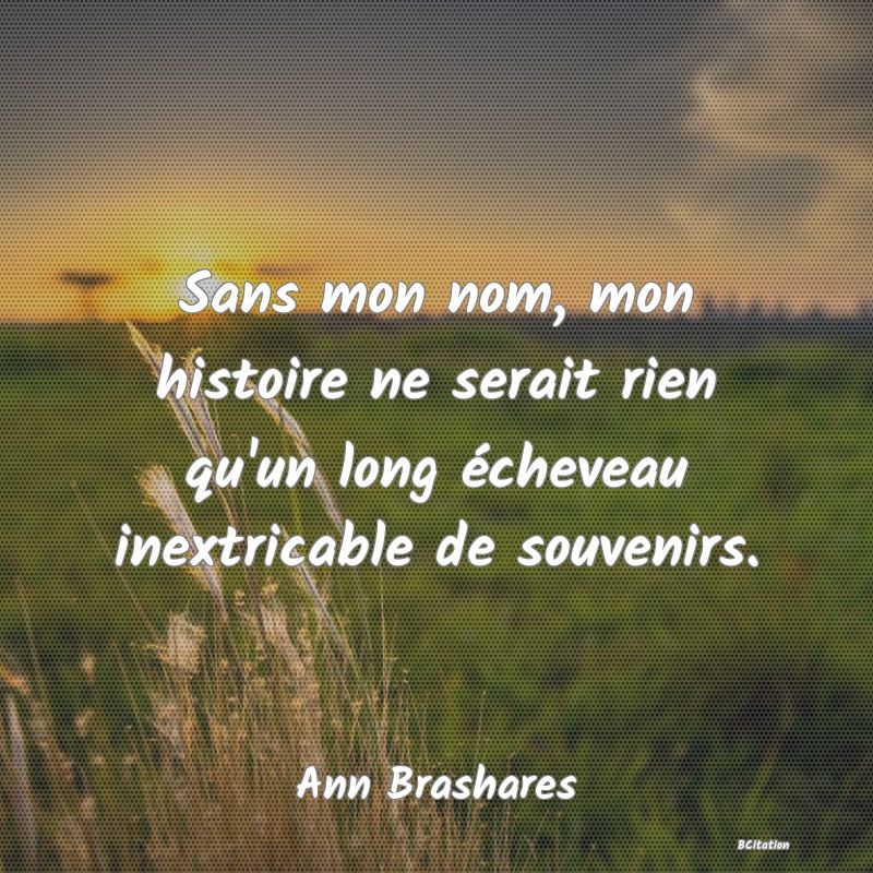 image de citation: Sans mon nom, mon histoire ne serait rien qu'un long écheveau inextricable de souvenirs.