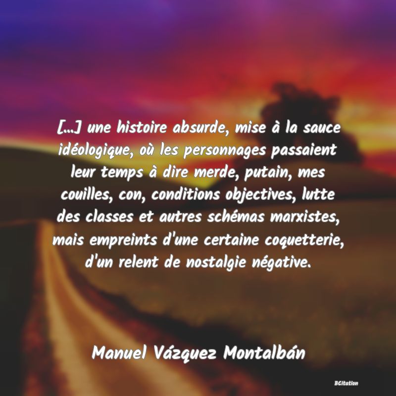 image de citation: [...] une histoire absurde, mise à la sauce idéologique, où les personnages passaient leur temps à dire merde, putain, mes couilles, con, conditions objectives, lutte des classes et autres schémas marxistes, mais empreints d'une certaine coquetterie, d'un relent de nostalgie négative.