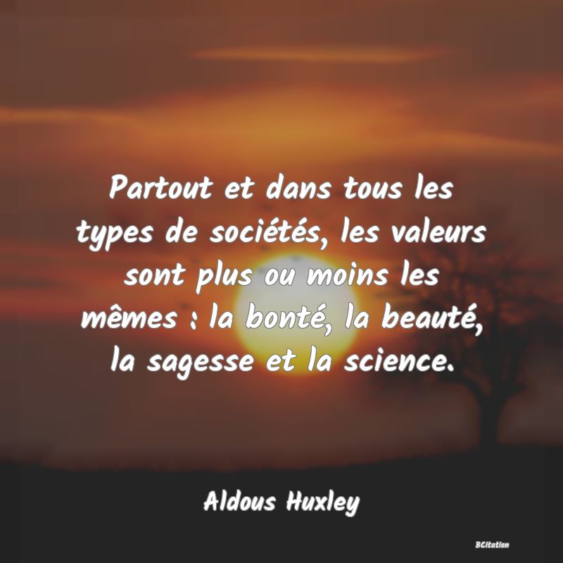 image de citation: Partout et dans tous les types de sociétés, les valeurs sont plus ou moins les mêmes : la bonté, la beauté, la sagesse et la science.