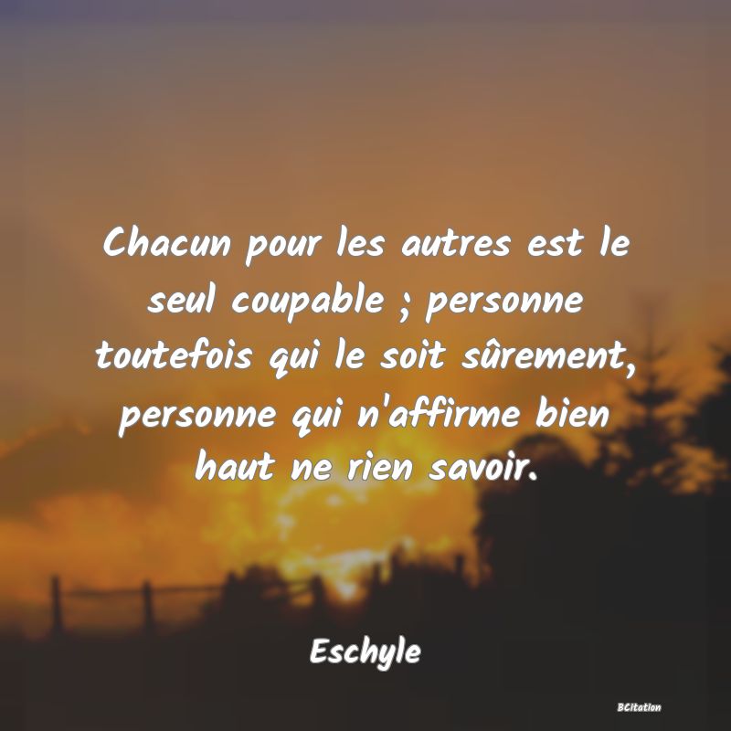 image de citation: Chacun pour les autres est le seul coupable ; personne toutefois qui le soit sûrement, personne qui n'affirme bien haut ne rien savoir.