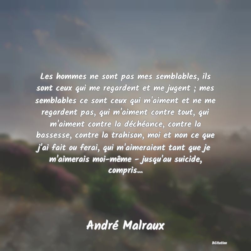 Belle Citation - Les hommes ne sont pas mes semblables, ils sont ceux qui me regardent et me jugent ; mes semblables ce sont ceux qui m'aiment et ne me regardent pas, qui m'aiment contre tout, qui m'aiment contre la déchéance, contre la bassesse, contre la trahison, moi et non ce que j'ai fait ou ferai, qui m'aimeraient tant que je m'aimerais moi-même - jusqu'au suicide, compris... - André Malraux