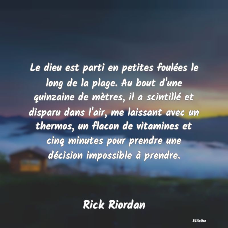 image de citation: Le dieu est parti en petites foulées le long de la plage. Au bout d'une quinzaine de mètres, il a scintillé et disparu dans l'air, me laissant avec un thermos, un flacon de vitamines et cinq minutes pour prendre une décision impossible à prendre.