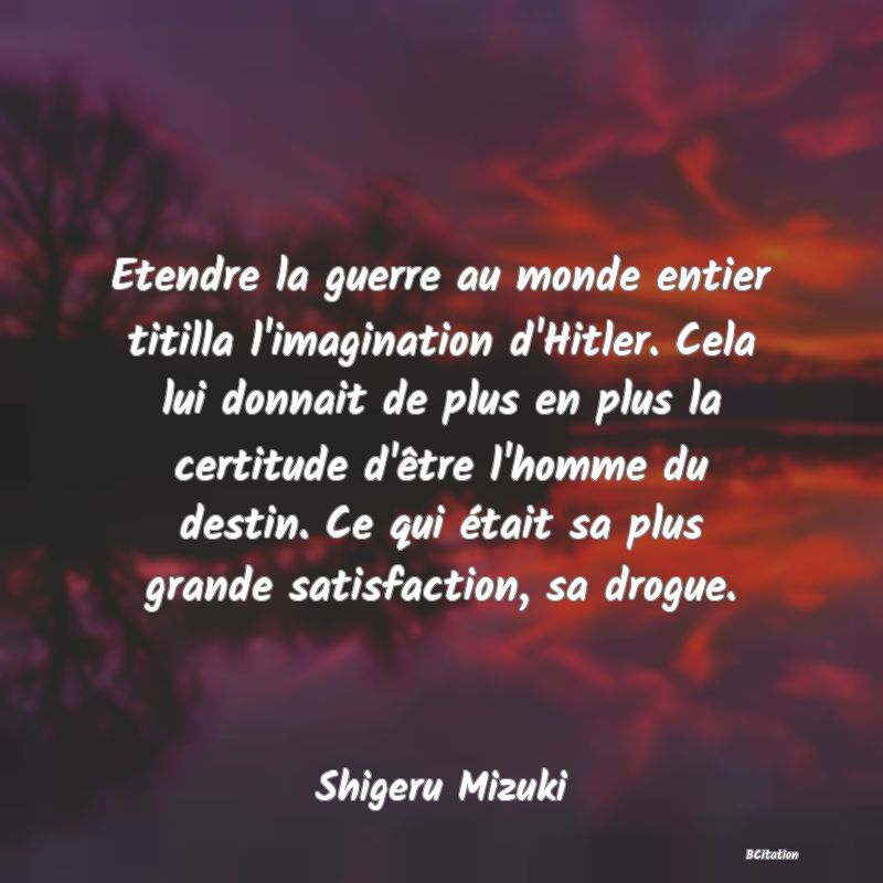 image de citation: Etendre la guerre au monde entier titilla l'imagination d'Hitler. Cela lui donnait de plus en plus la certitude d'être l'homme du destin. Ce qui était sa plus grande satisfaction, sa drogue.