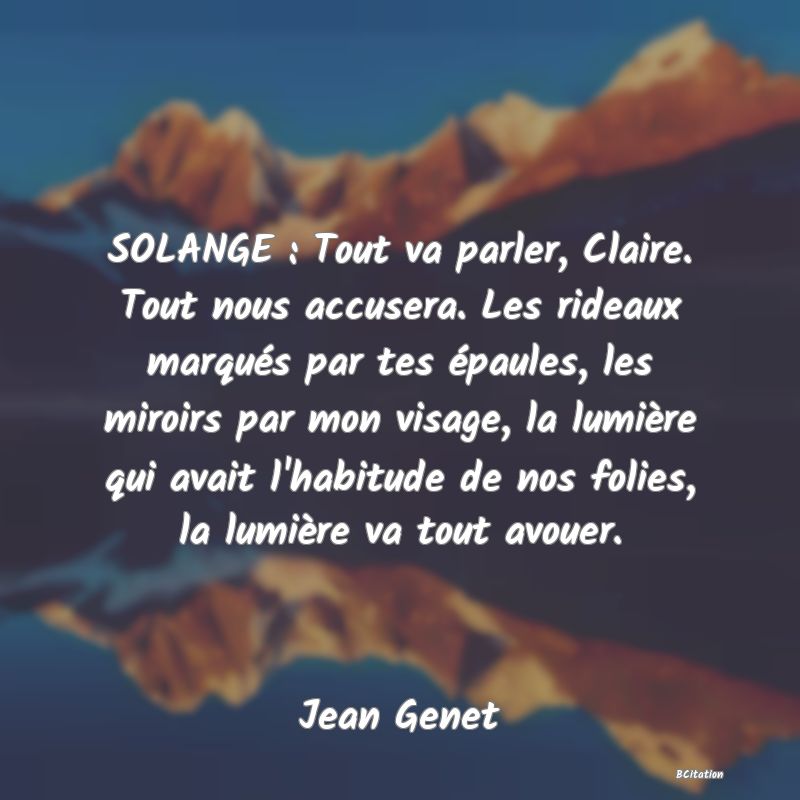 image de citation: SOLANGE : Tout va parler, Claire. Tout nous accusera. Les rideaux marqués par tes épaules, les miroirs par mon visage, la lumière qui avait l'habitude de nos folies, la lumière va tout avouer.