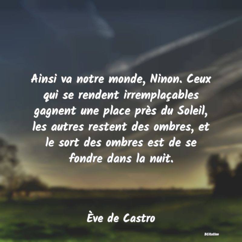 image de citation: Ainsi va notre monde, Ninon. Ceux qui se rendent irremplaçables gagnent une place près du Soleil, les autres restent des ombres, et le sort des ombres est de se fondre dans la nuit.