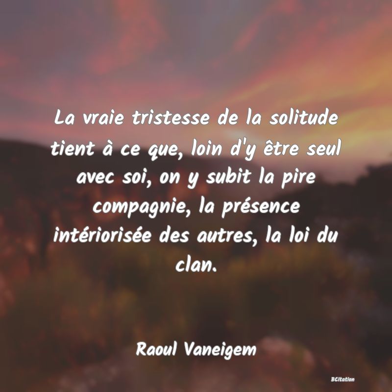 image de citation: La vraie tristesse de la solitude tient à ce que, loin d'y être seul avec soi, on y subit la pire compagnie, la présence intériorisée des autres, la loi du clan.