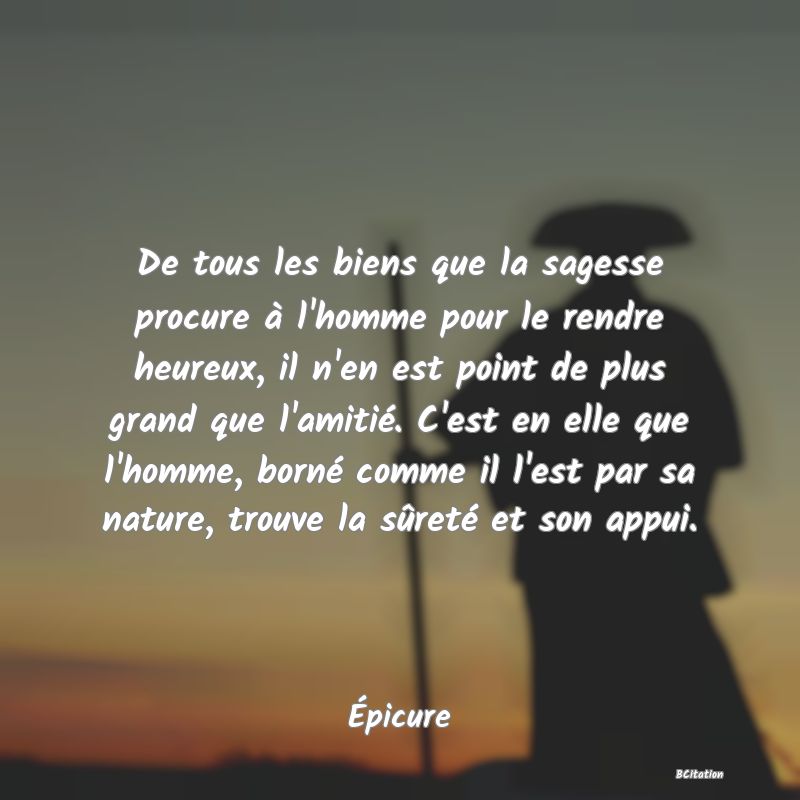 Belle Citation - De tous les biens que la sagesse procure à l'homme pour le rendre heureux, il n'en est point de plus grand que l'amitié. C'est en elle que l'homme, borné comme il l'est par sa nature, trouve la sûreté et son appui. - Épicure