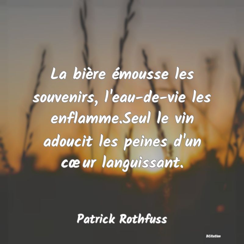 image de citation: La bière émousse les souvenirs, l'eau-de-vie les enflamme.Seul le vin adoucit les peines d'un cœur languissant.