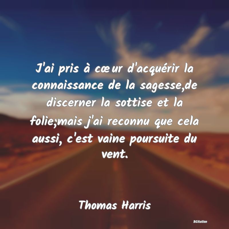 image de citation: J'ai pris à cœur d'acquérir la connaissance de la sagesse,de discerner la sottise et la folie;mais j'ai reconnu que cela aussi, c'est vaine poursuite du vent.