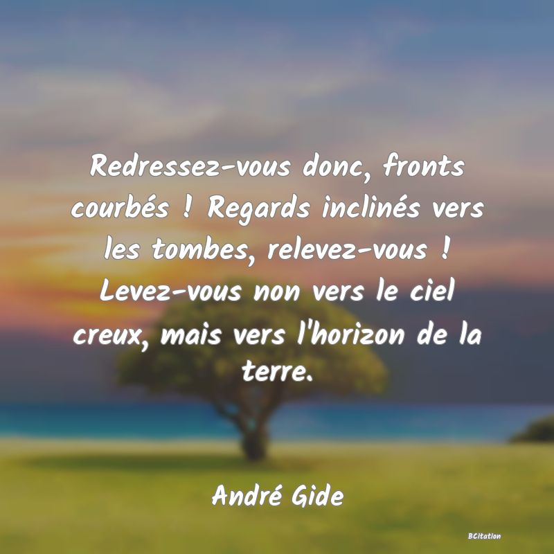 image de citation: Redressez-vous donc, fronts courbés ! Regards inclinés vers les tombes, relevez-vous ! Levez-vous non vers le ciel creux, mais vers l'horizon de la terre.