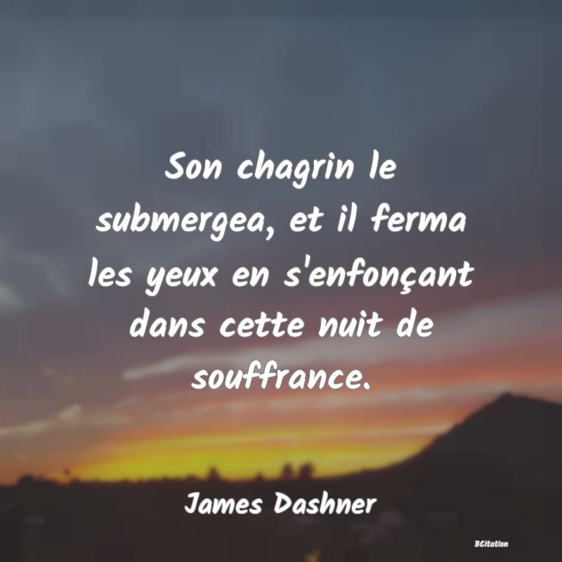 image de citation: Son chagrin le submergea, et il ferma les yeux en s'enfonçant dans cette nuit de souffrance.