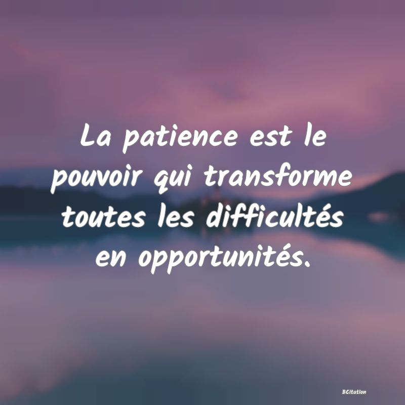 image de citation: La patience est le pouvoir qui transforme toutes les difficultés en opportunités.