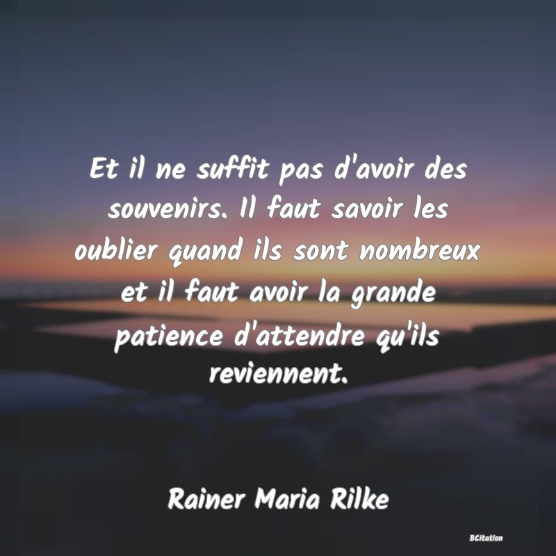 image de citation: Et il ne suffit pas d'avoir des souvenirs. Il faut savoir les oublier quand ils sont nombreux et il faut avoir la grande patience d'attendre qu'ils reviennent.