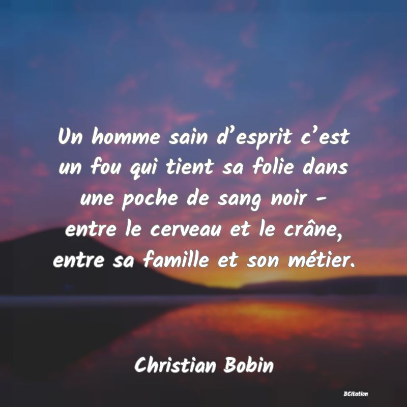 image de citation: Un homme sain d’esprit c’est un fou qui tient sa folie dans une poche de sang noir - entre le cerveau et le crâne, entre sa famille et son métier.