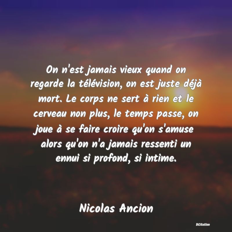 image de citation: On n'est jamais vieux quand on regarde la télévision, on est juste déjà mort. Le corps ne sert à rien et le cerveau non plus, le temps passe, on joue à se faire croire qu'on s'amuse alors qu'on n'a jamais ressenti un ennui si profond, si intime.