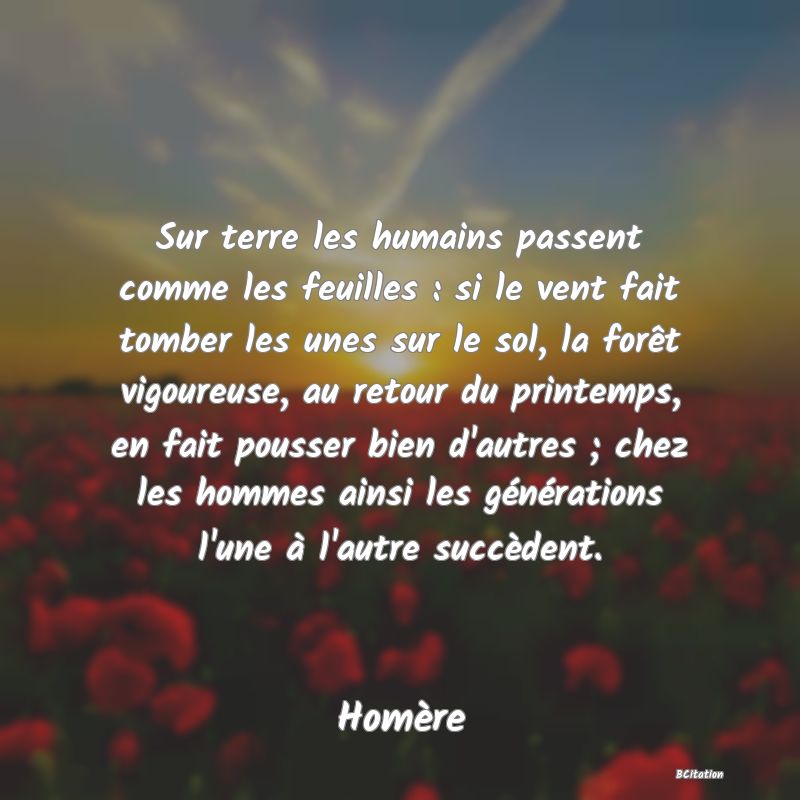 image de citation: Sur terre les humains passent comme les feuilles : si le vent fait tomber les unes sur le sol, la forêt vigoureuse, au retour du printemps, en fait pousser bien d'autres ; chez les hommes ainsi les générations l'une à l'autre succèdent.