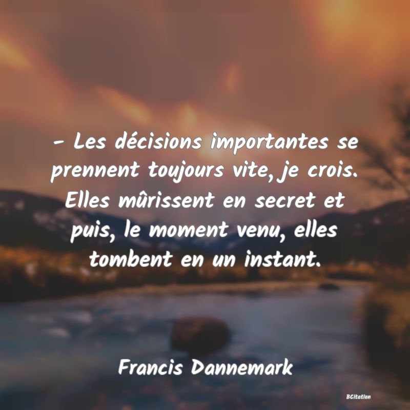 Belle Citation - - Les décisions importantes se prennent toujours vite, je crois. Elles mûrissent en secret et puis, le moment venu, elles tombent en un instant. - Francis Dannemark