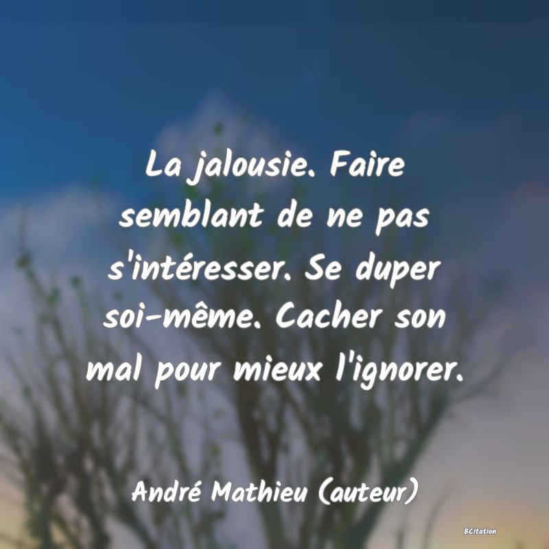 image de citation: La jalousie. Faire semblant de ne pas s'intéresser. Se duper soi-même. Cacher son mal pour mieux l'ignorer.