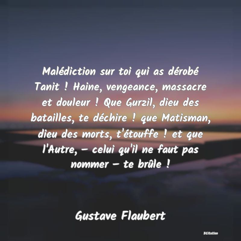 image de citation: Malédiction sur toi qui as dérobé Tanit ! Haine, vengeance, massacre et douleur ! Que Gurzil, dieu des batailles, te déchire ! que Matisman, dieu des morts, t'étouffe ! et que l'Autre, − celui qu'il ne faut pas nommer − te brûle !