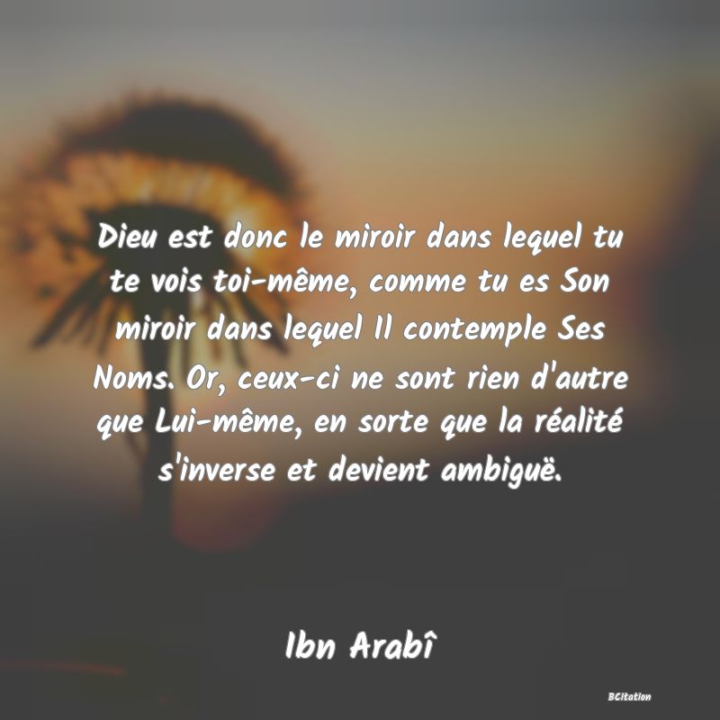 Belle Citation - Dieu est donc le miroir dans lequel tu te vois toi-même, comme tu es Son miroir dans lequel Il contemple Ses Noms. Or, ceux-ci ne sont rien d'autre que Lui-même, en sorte que la réalité s'inverse et devient ambiguë. - Ibn Arabî
