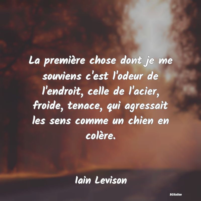 image de citation: La première chose dont je me souviens c'est l'odeur de l'endroit, celle de l'acier, froide, tenace, qui agressait les sens comme un chien en colère.