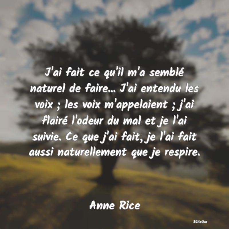 image de citation: J'ai fait ce qu'il m'a semblé naturel de faire... J'ai entendu les voix ; les voix m'appelaient ; j'ai flairé l'odeur du mal et je l'ai suivie. Ce que j'ai fait, je l'ai fait aussi naturellement que je respire.